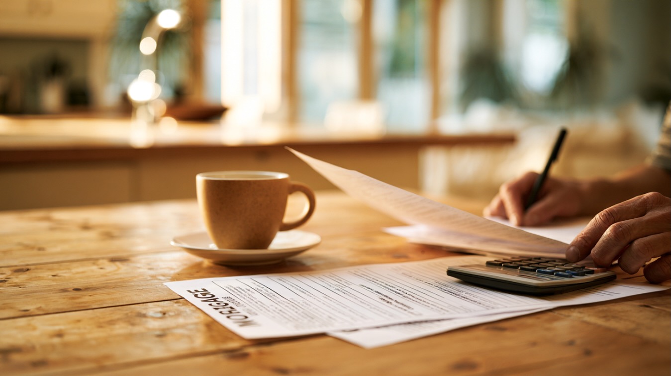 A homeowner reviewing mortgage refinance options at their kitchen table