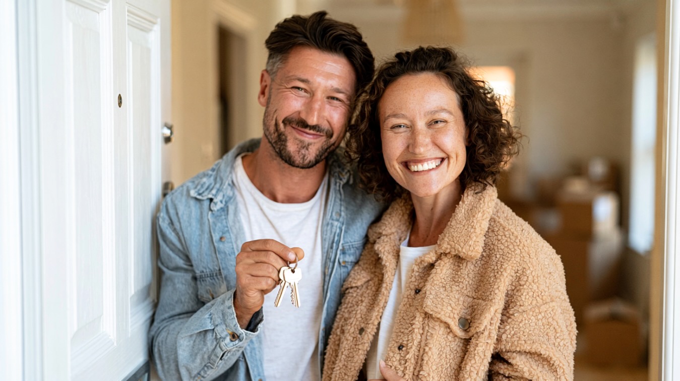 A couple holding the keys to their new home