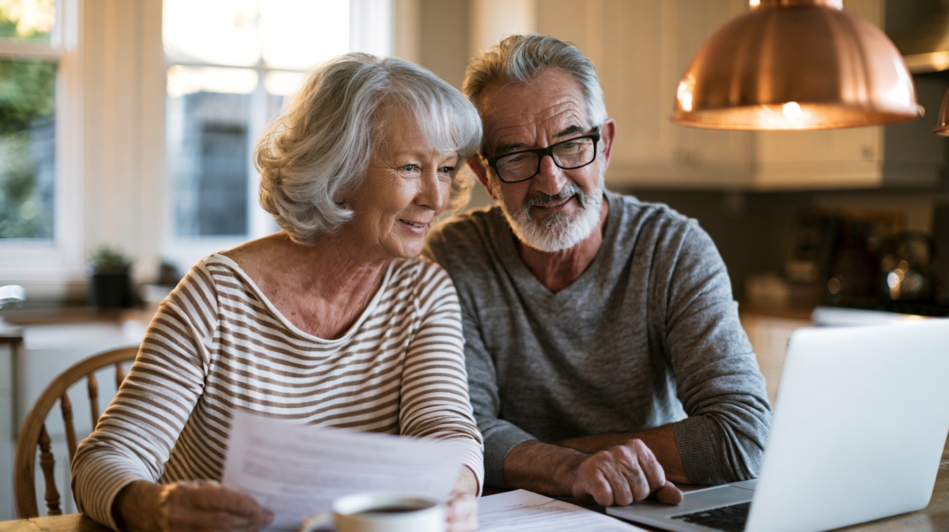 A relaxed couple in their fifties enjoying their home